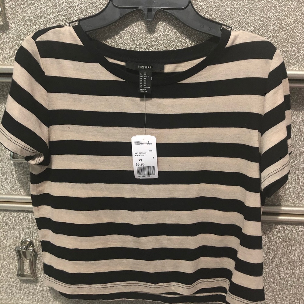 Forever 21 Black and Cream Striped Crop Top Shirt